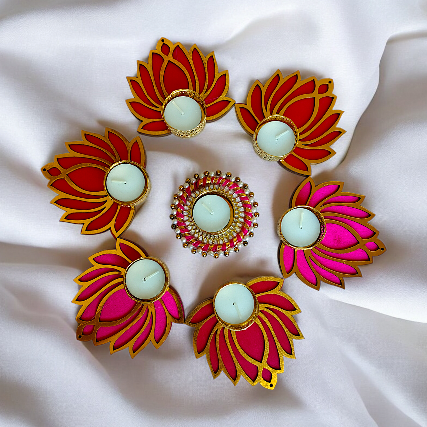 Pack of 7 Lotus Rangoli Design Tealight Holder for Diwali Festival Gift and Home Decor