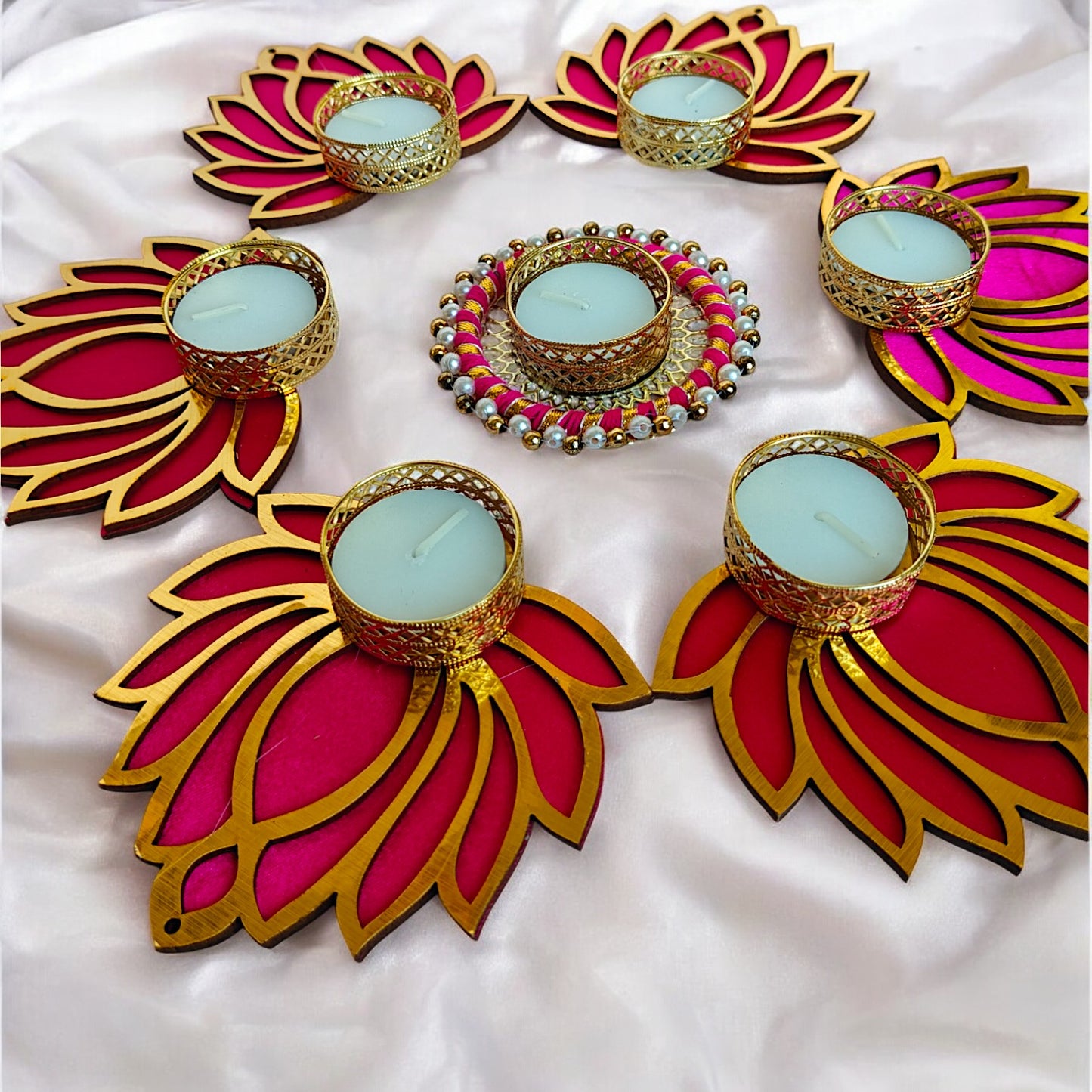 Pack of 7 Lotus Rangoli Design Tealight Holder for Diwali Festival Gift and Home Decor