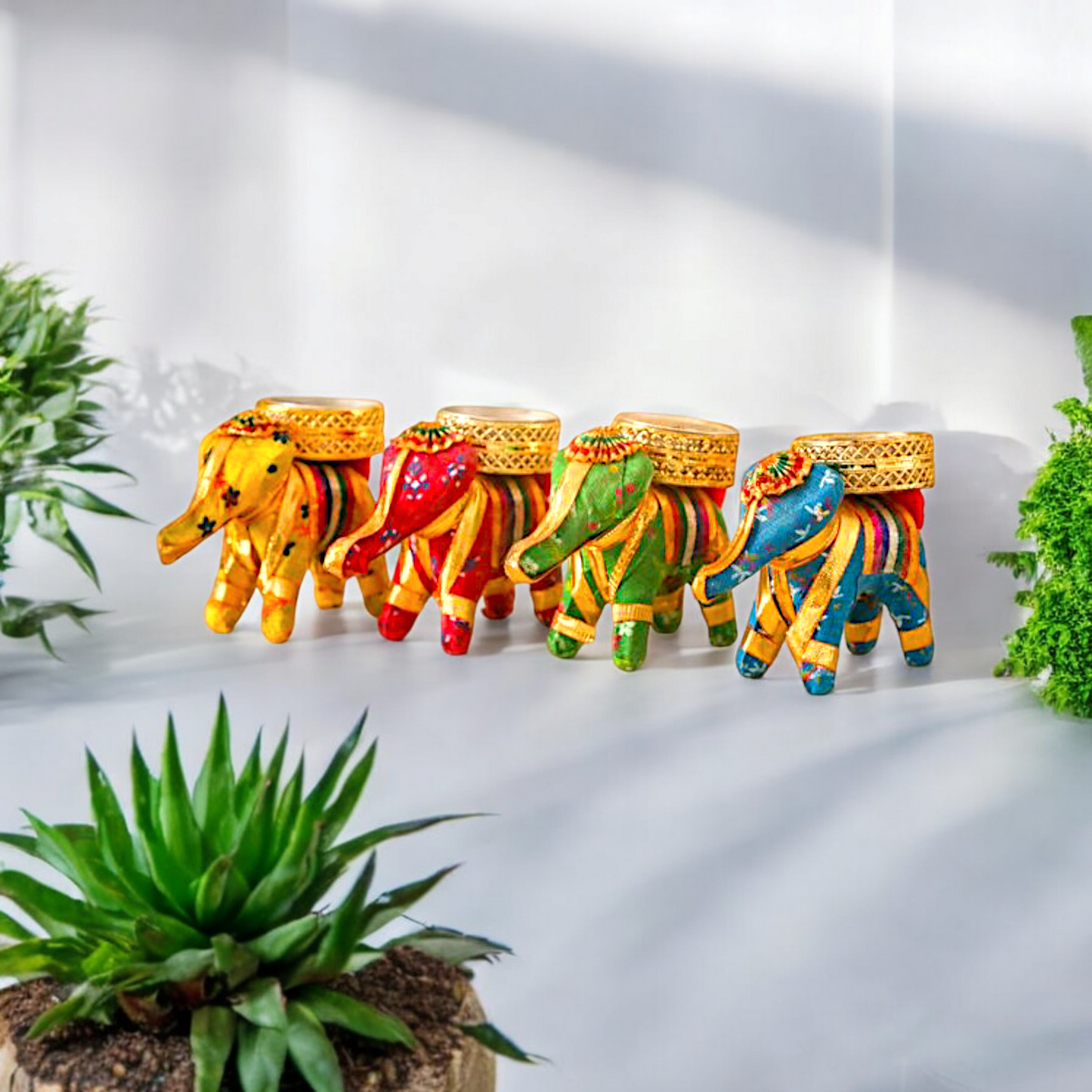 Elephant Tealight Candle Holder Home Decoration Item for Diwali (Multicolour) - Pack of 4