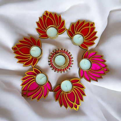 Pack of 7 Lotus Rangoli Design Tealight Holder for Diwali Festival Gift and Home Decor