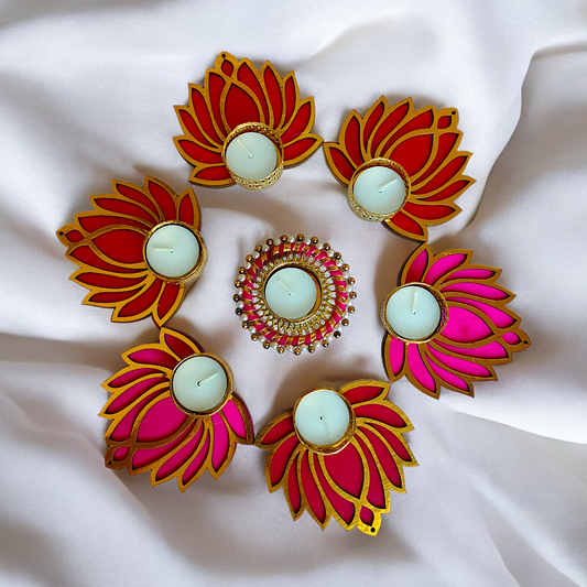 Pack of 7 Lotus Rangoli Design Tealight Holder for Diwali Festival Gift and Home Decor